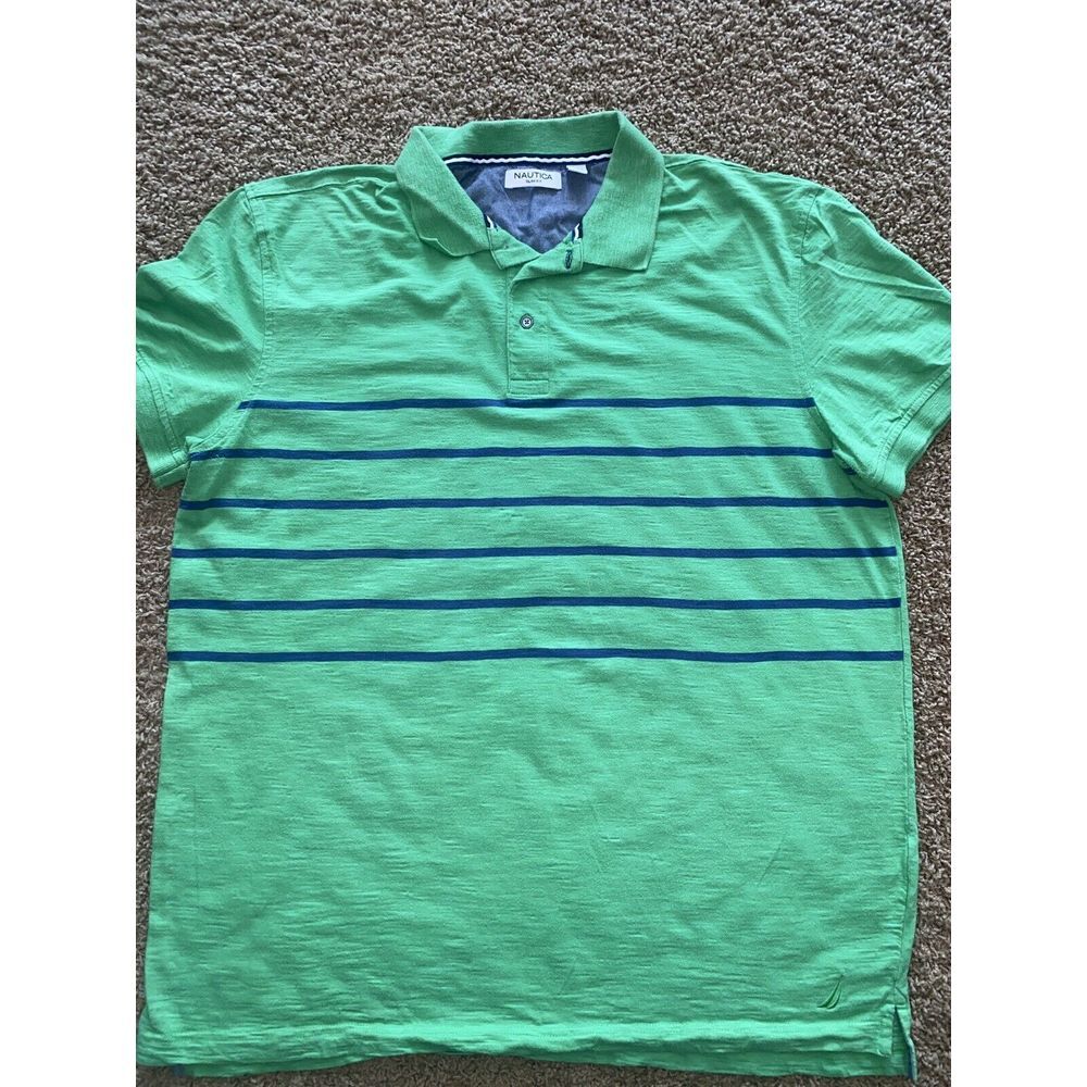 Nautica Polo Shirt Mens XXL Slim Fit Sleeve 100% Cotton Striped Green Blue White